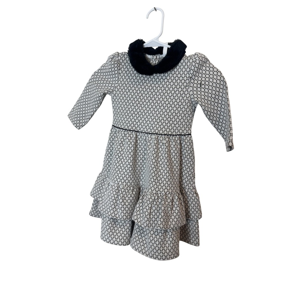 Janie And Jack Sweater Dress Girls 5 White Geometric Faux Fur Collar Tiered Hem